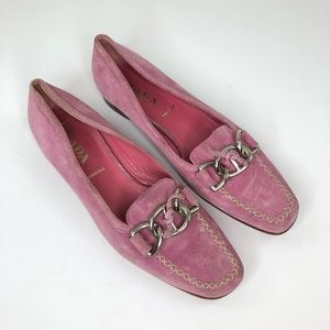 Prada Pink Suede Leather Chain Loafer Flats